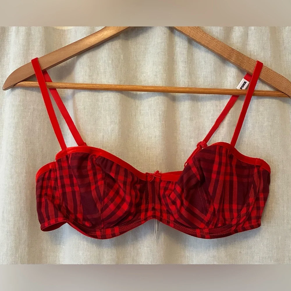 Victoria’s Secret Cotton & Modal Unlined Balconette Bra in Red Plaid, 36 C